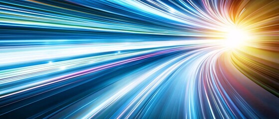 Poster - Dynamic light trails with a glowing orb, representing speed and innovation against a colorful backdrop.