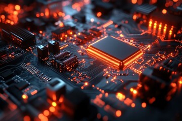 Poster - Close-up view of a glowing circuit board with intricate components illuminated in soft orange light