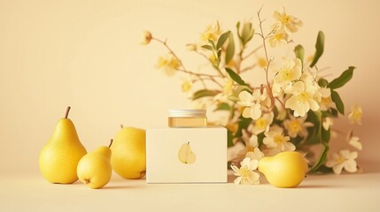 Poster - fresh yellow pears arranged near a delicate floral display and a jar on a soft background during a c
