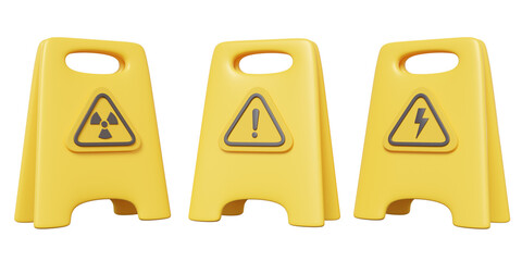 Aufkleber - Three set of yellow warning radioactive, danger, electric, icon symbol radiation contamination advice careful advice caution electric shock hazard area danger sign. 3d rendering illustration