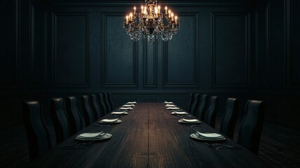 A dark, elegant dining room featuring a long wooden table, surrounded by chairs, with a striking chandelier illuminating the space.