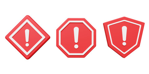 Aufkleber - Three set of red warning 3D render icon symbol on isolated background. careful advice caution web error alert safety concept. dangerous, internet information security. element illustration