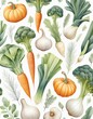 © Tobias - Seamless watercolor pattern featuring winter vegetables like squash, leeks, carrots, and broccoli, with soft, hand-painted details and subtle colors