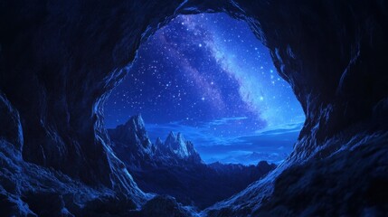 Celestial View from a Cave Entrance at Night