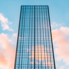 Poster - Modern skyscraper reflecting clouds in glass facade.