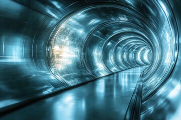 An abstract view of a futuristic tunnel illuminated with blue tones and reflections