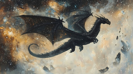 Wall Mural - a large black dragon is seen flying gracefully through a galaxy-filled sky, surrounded by stars and 