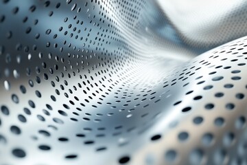 Poster - Close-up view of a metallic mesh with perforations reflecting light in a dynamic wave pattern