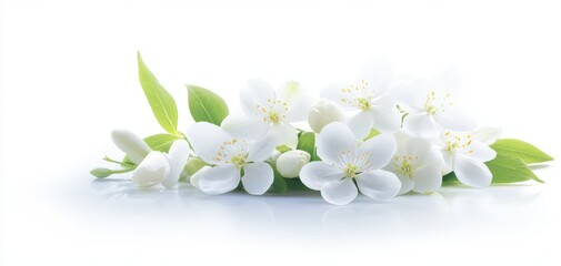 Poster - A beautiful arrangement of white flowers with green leaves, set against a white background, perfect for decoration or design purposes.