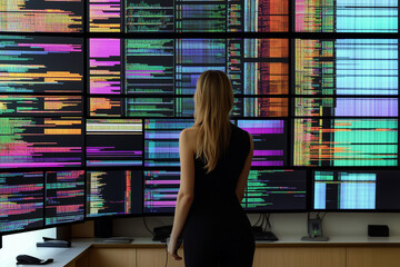 Wall Mural - a female it professional with their back to the viewer observing the large amount of computer monito