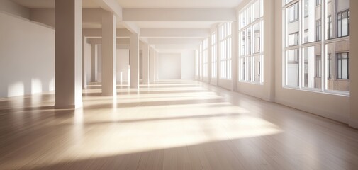 Aufkleber - Spacious empty room with large windows, allowing soft natural light to flood the area, highlighting the wooden floor and minimalist design.
