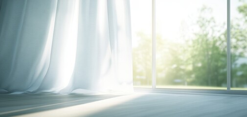 Aufkleber - Soft sunlight illuminating sheer curtains in a serene indoor environment, creating a tranquil and airy atmosphere.