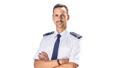 Portrait of smiling young adult male airplane pilot, wearing airplane pilot uniform standing on transparent background PNG. 
