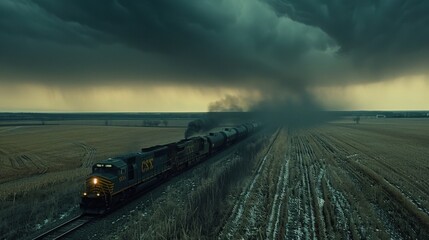 A dramatic scene of a train traveling through an expansive, stormy landscape, with dark clouds looming above and smoke billowing from its engine.