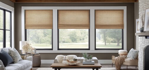 Aufkleber - Cozy living room with three large windows featuring natural light, stylish decor, and modern furnishings designed for comfort and relaxation.