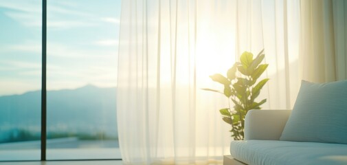 Aufkleber - A serene living space bathed in natural light, featuring a comfortable sofa and a vibrant plant, with sheer curtains softly diffusing sunlight.