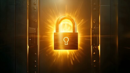 Poster - Glowing Golden Padlock Icon Suspended Above Vault Door with Streaming Rays of Light
