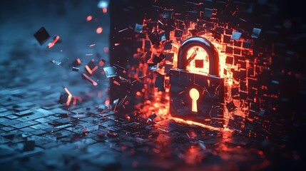 Poster - shattered padlock icon with data fragments in glowing digital space symbolizing security compromise