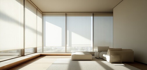 Aufkleber - A minimalist interior design featuring large windows allowing natural light to flood in, highlighting a simple, stylish seating arrangement.