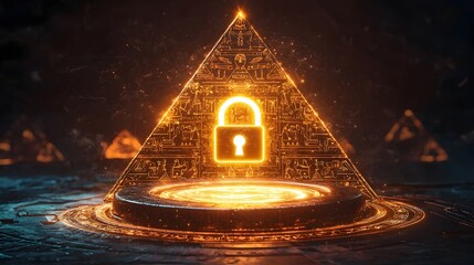 Poster - Glowing Padlock Icon Levitating Above Mystical Pyramid with Ancient Hieroglyphs