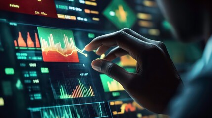 Poster - A person interacting with a digital interface displaying data analytics and graphs.