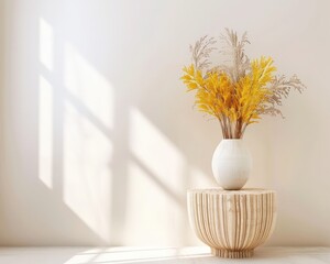 Minimalist interior design with a white table and a yellow plant in a white pot Sunlight casts a shadow on the wall