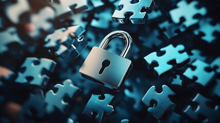 Poster - floating padlock icon surrounded by puzzle pieces symbolizing problem solving and security