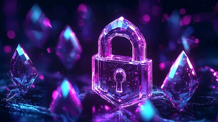 Poster - Glowing Crystal Padlock Icon Surrounded by Holographic Shields Representing Digital Privacy and High Level Encryption