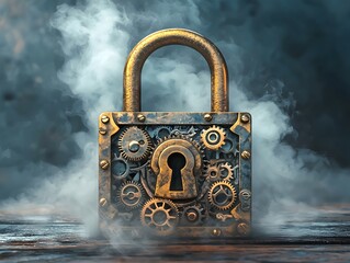 Wall Mural - Steampunk Padlock Icon with Mechanical Gears and Rising Smoke