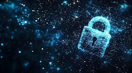 Poster - digital padlock icon floating in cosmic space with glowing constellations representing universal sec