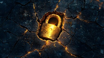 Poster - Cracked Stone Padlock Icon with Golden Light Breaking Through Symbolizing Uncovering Hidden Truths