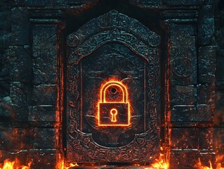 Mystical Padlock Icon Carved Into Ancient Temple Door with Glowing Torches