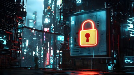 Poster - neon padlock icon flickering on giant digital billboard in futuristic cybersecurity metropolis