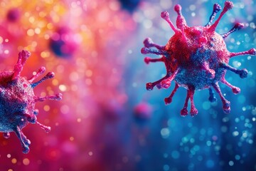 Poster - Colorful visualization of virus structures against a vibrant abstract background