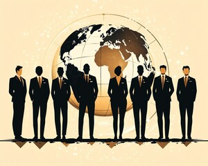 Aufkleber - Flat design of business professionals in various locations around the world, linked by a globe with clean lines on a beige background, representing online communication