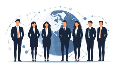 Poster - Flat design of business professionals in formal attire with circular connections surrounding the globe, representing a seamless global network and remote work collaboration