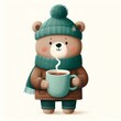 © Елена Дмитриева - Cute Winter Bear Holding a Hot Drink in Cozy Attire - Adorable Illustration for Winter-Themed Projects, Holiday Cards, and Festive Decor
