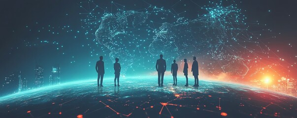 Aufkleber - Flat design of business professionals standing on the planet Earth, connected by circular network lines, symbolizing global collaboration and intercontinental business ties