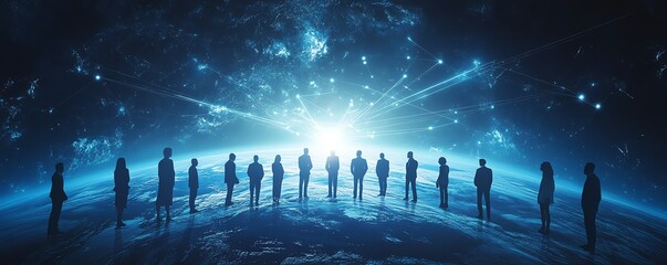 Aufkleber - Flat design of business professionals standing on the planet Earth, connected by circular network lines, symbolizing global collaboration and intercontinental business ties