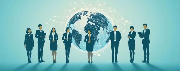 Poster - Flat design of business people in formal attire connected by circular network lines around the globe, symbolizing the growth of remote work and global collaboration