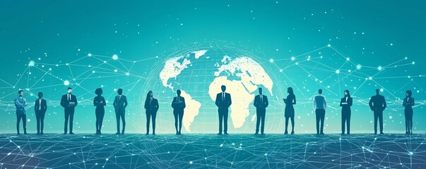 Poster - Flat design of business people in formal attire connected by circular network lines around the globe, symbolizing the growth of remote work and global collaboration