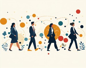 Aufkleber - Flat illustration of diverse business people in formal work attire, moving around the globe, connected by circles, with a calming beige background