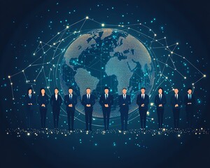 Aufkleber - Flatstyle illustration of business professionals in business attire standing on Earth, connected by circular lines, symbolizing a strong global network and collaboration