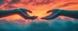 © Nattapat - Silhouette of two hands extending towards each other against a colorful sunset backdrop, conveying emotional support and compassion, with soft gradients and calming hues in the sky