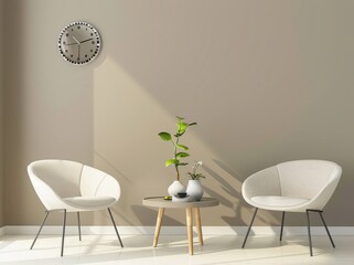 Minimalist living room interior with two white armchairs. a small wooden table. a potted plant. and a clock on a beige wall