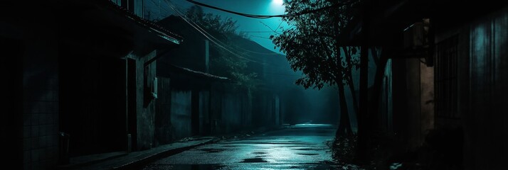 Wall Mural - A dark alleyway with a street lamp in the background. The street is wet and the trees are bare