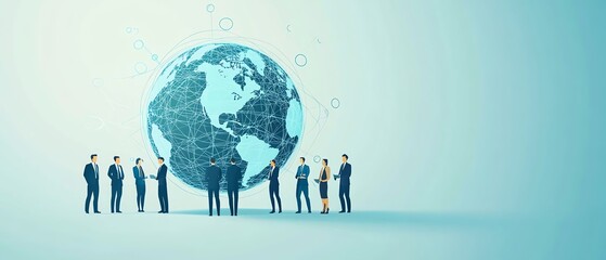 Poster - A clean flat design featuring business people in formal attire linked by circles around the globe, depicting a global network for remote work collaboration