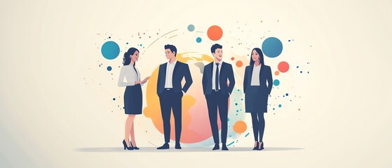 Poster - A clean flat design featuring business people in formal attire linked by circles around the globe, depicting a global network for remote work collaboration