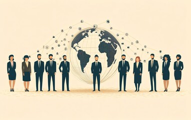 Poster - A clean flat illustration of business people in work attire circling the globe with connected circles, set on a light beige background, representing a global professional network
