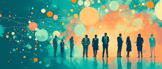 Aufkleber - A flat illustration of business people in formal attire standing on Earth, connected by circles and lines, symbolizing a global network and collaboration across continents